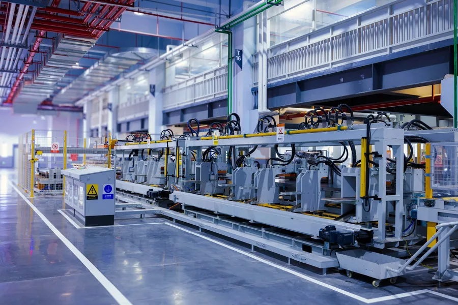 Production line in a bright, modern factory hall
