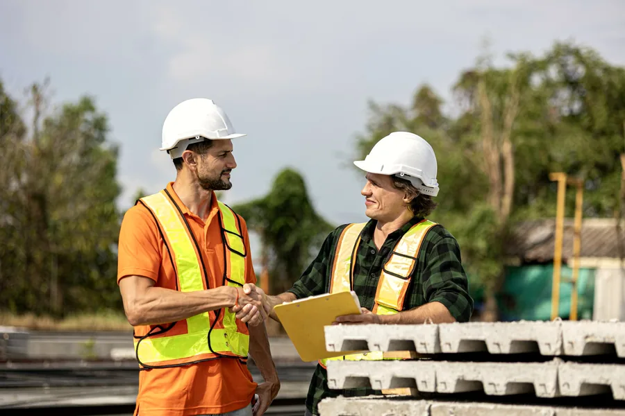 Two engineers in hard hats shaking hands on a construction site