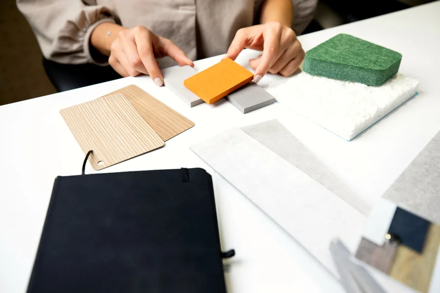 Interior finish samples laid out on a design table