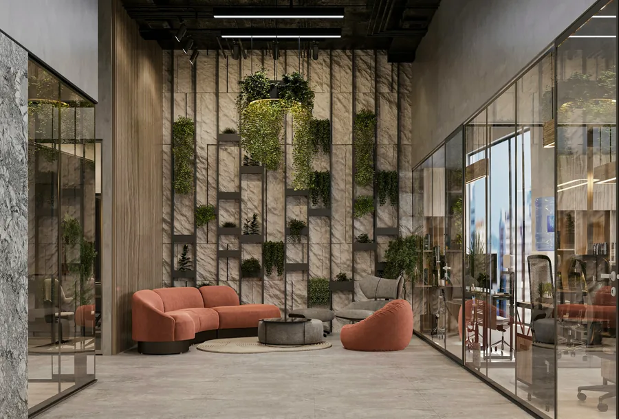 Office lounge with a planted feature wall